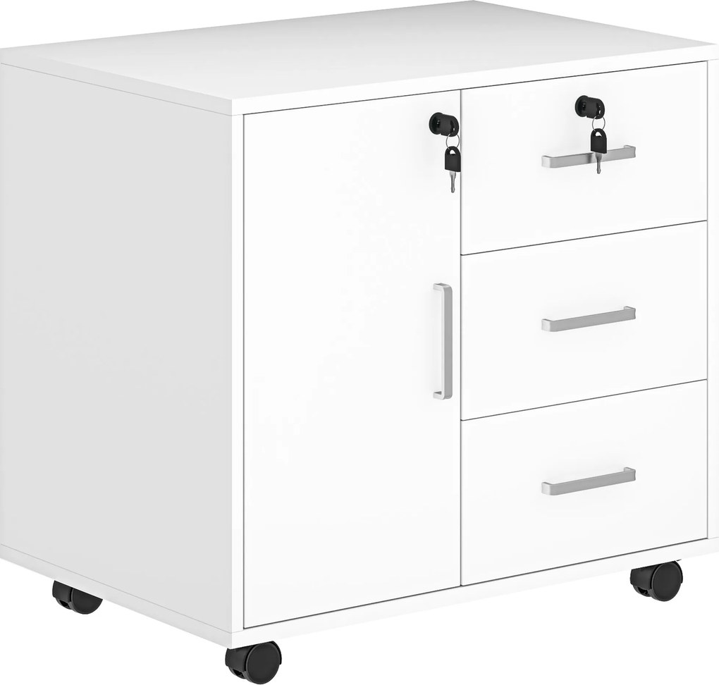 HOMCOM Caixão de Escritório Móvel de Armazenamento Trancável com 3 Gavetas e Prateleira Ajustável Rodízios 40x60x56 cm Branco | Aosom Portugal