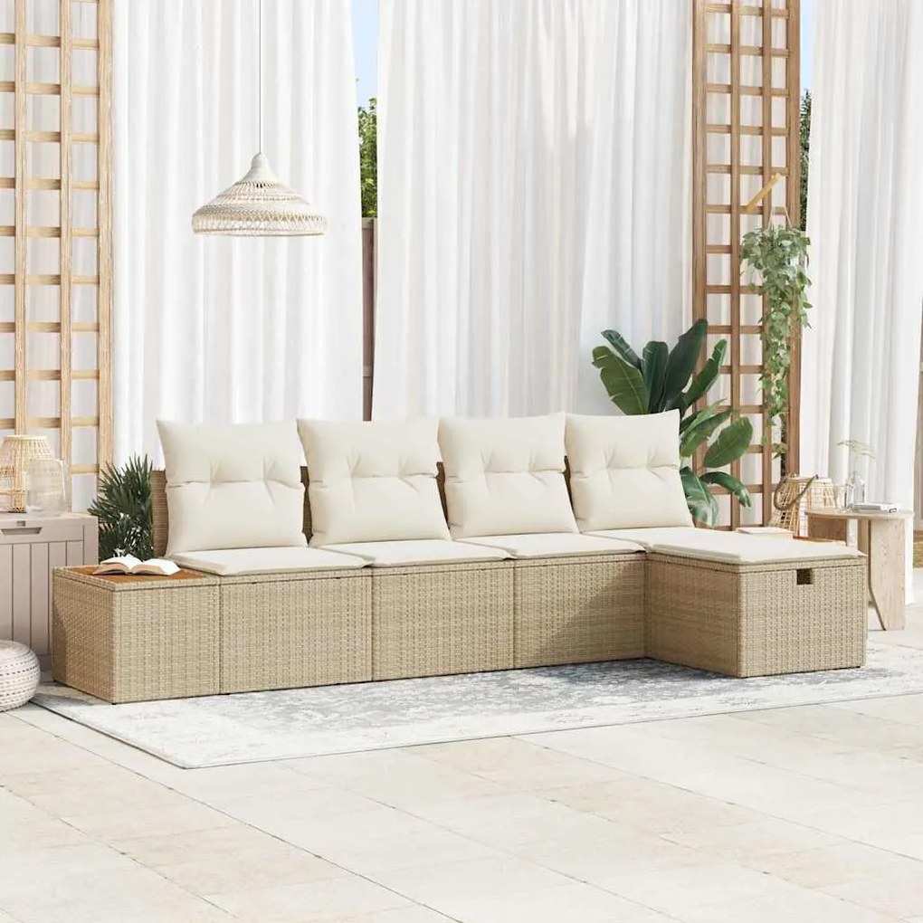 vidaXL Conjunto de Sofá de Jardim com 5 Peças e Almofadas Bege em Rattan Sintético.