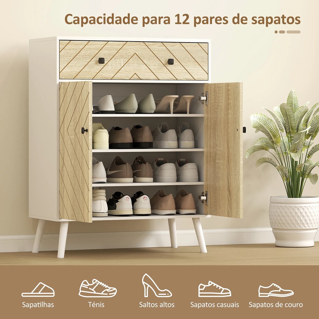 Sapateira de 2 Portas com Design em Espiga Prateleiras Ajustáveis Gaveta para 12 Pares de Sapatos 75x35x97 cm, Branco e Madeira