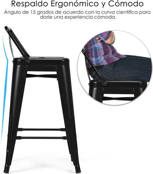 Conjunto de 4 bancos de bar em metal 43 x 43 x 79 cm com encosto removível para cafetaria, cozinha, sala de jantar e exterior Preto