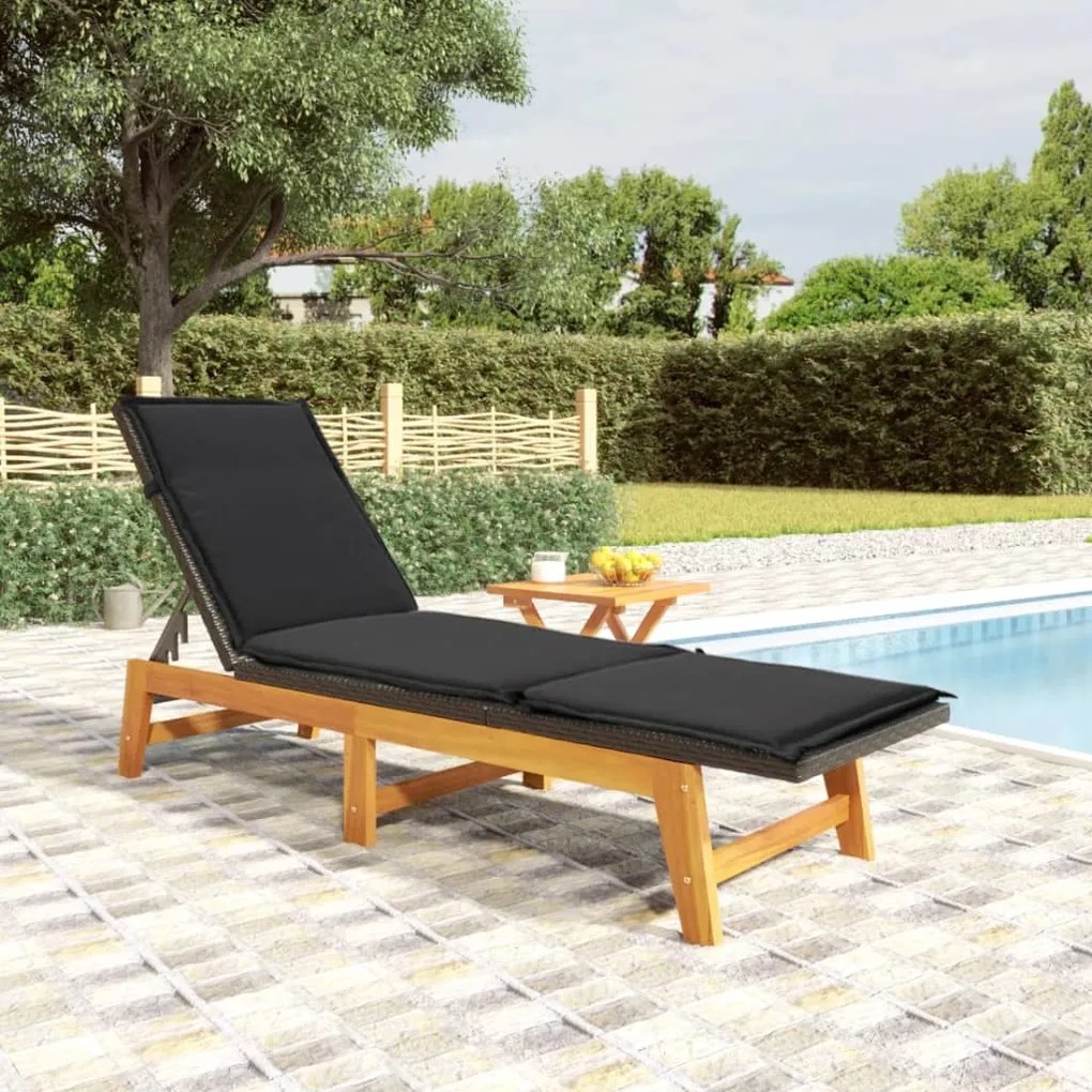 vidaXL Espreguiçadeira com mesa vime PE e madeira de acácia maciça