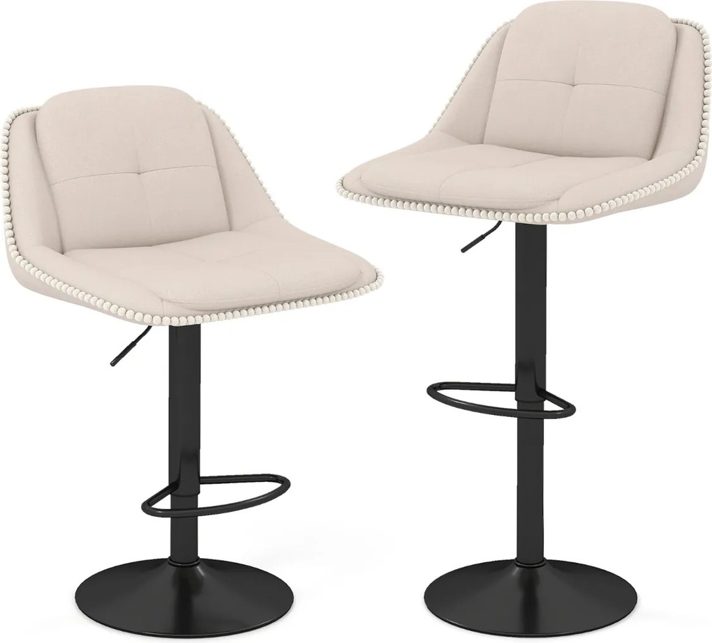 Conjunto de 2 bancos de bar modernos estofados em chenille com altura ajustável, encosto e assento acolchoados, apoio para os pés e giratórios, bege