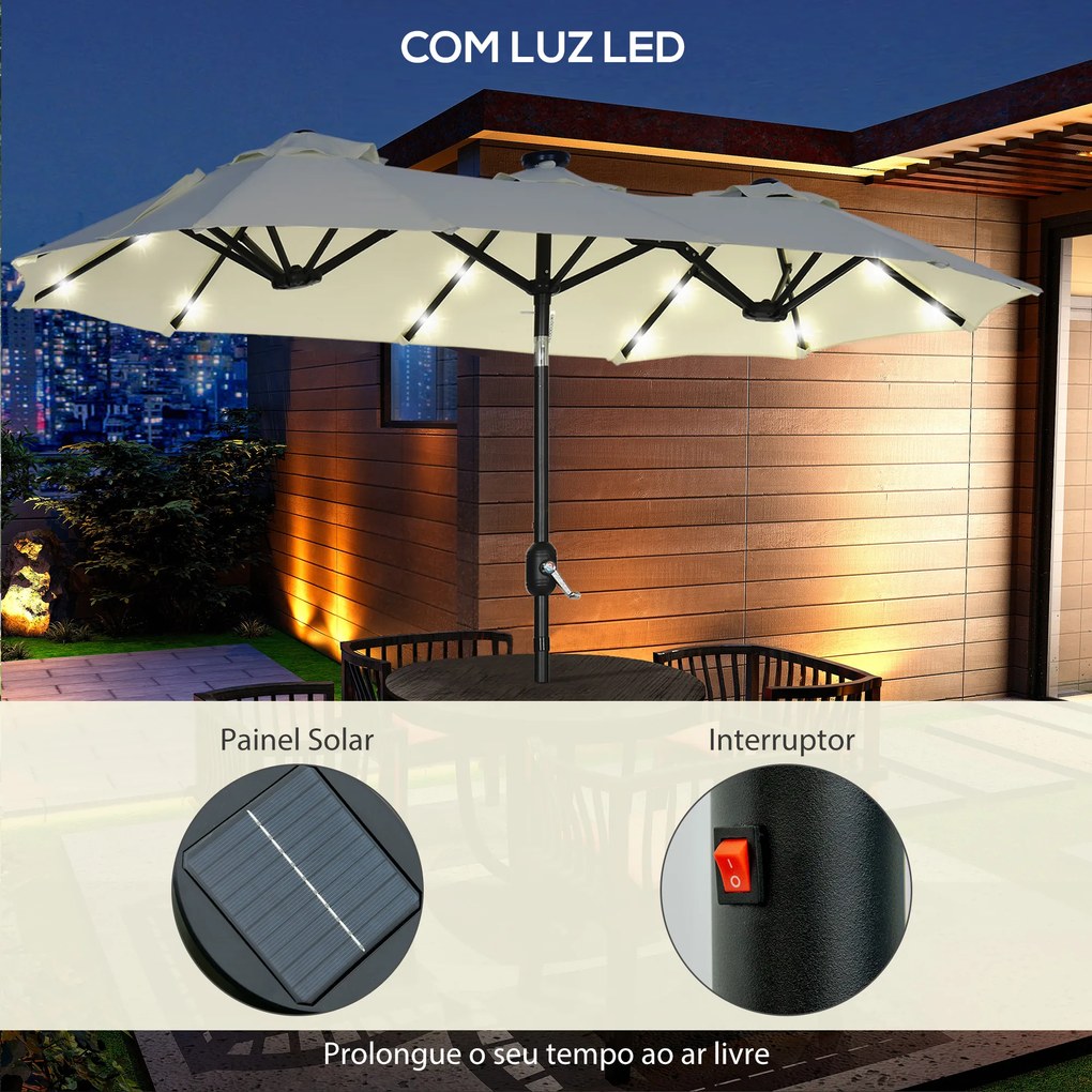 Outsunny Chapéu de Sol Duplo com Luzes LED 280x146x227cm Chapéu de Sol de Jardim com Inclinação de 45° Manivela Estrutura de Aço para Pátio Varanda Piscina Bege