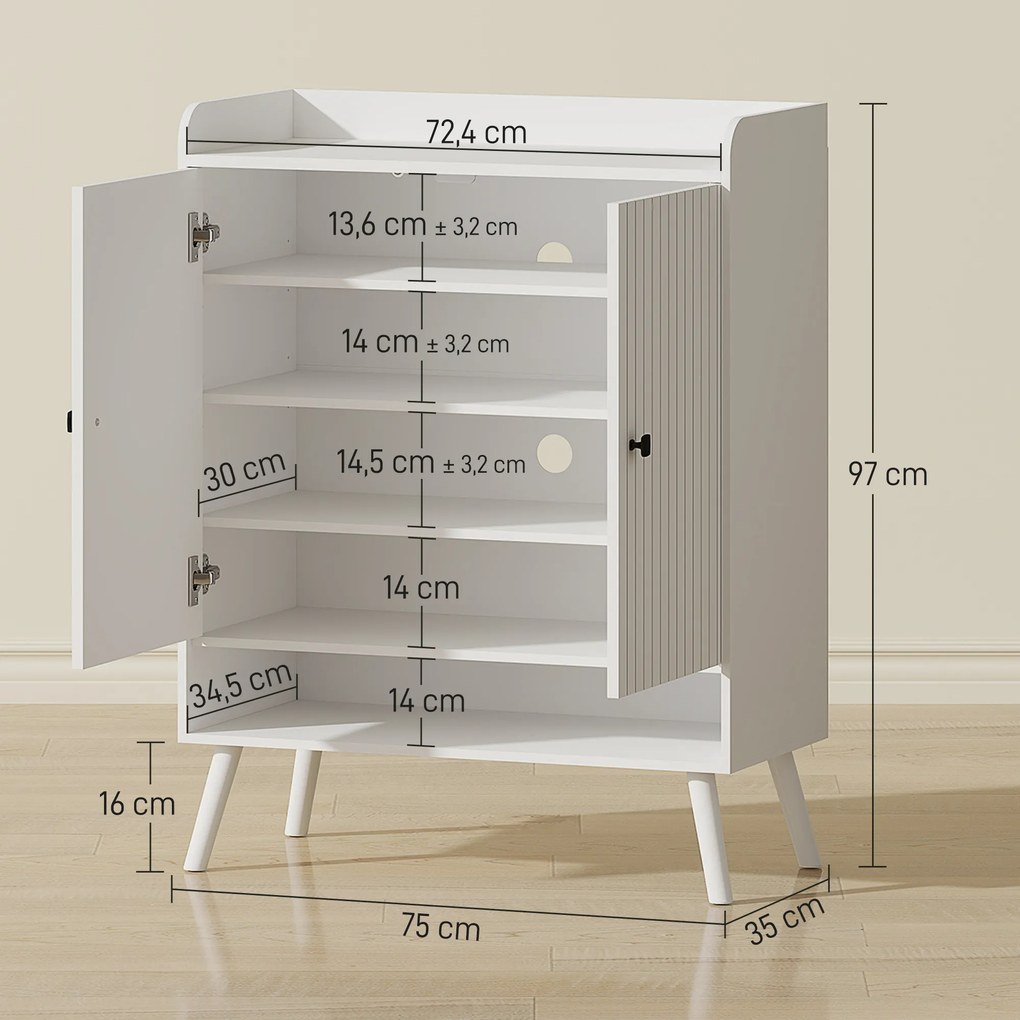 Sapateira de 2 Portas em Ripas Sapateira para Entrada com Prateleiras Ajustáveis Compartimento Aberto para 15 Pares de Sapatos 75x35x97 cm Branco