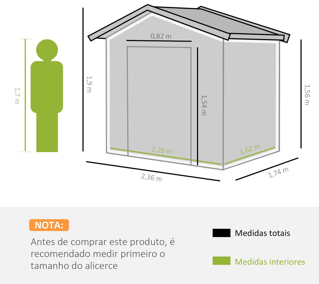 Abrigo de Jardim de 4,1 m² 236x174x190 cm para Armazenamento de Ferramentas com Portas e 4 Janelas de Ventilação Verde