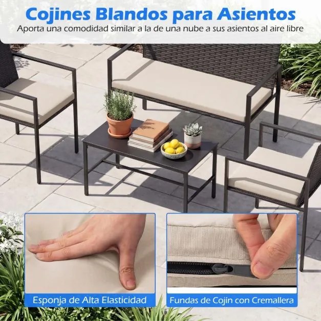 Conjunto de jardim de 4 peças em rattan para exterior: cadeiras, sofá, mesa de centro em vidro temperado e almofadas macias; ideal para jardim, alpend