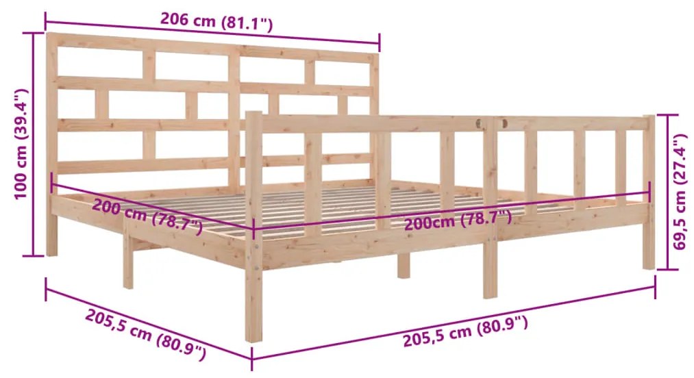 Estrutura de cama 200x200 cm madeira de pinho maciça