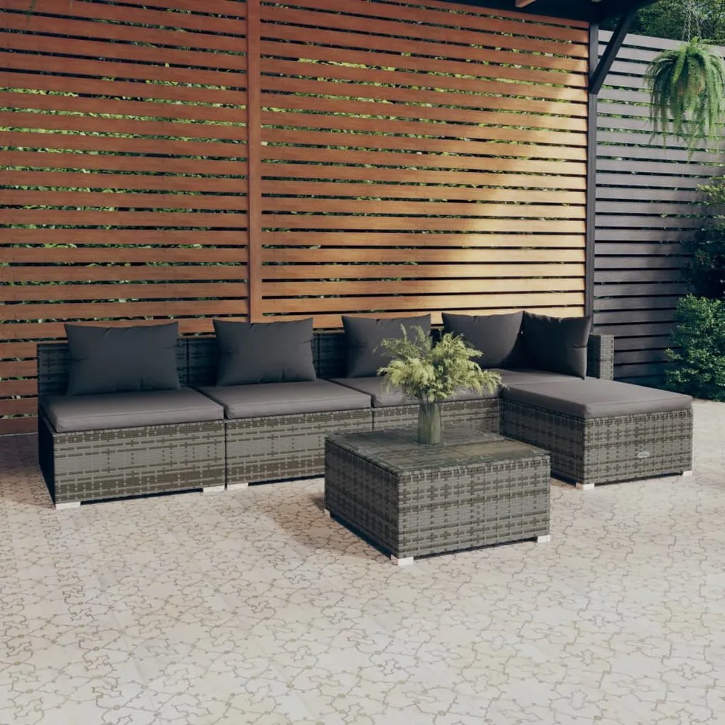 6 pcs conjunto lounge de jardim c/ almofadões vime PE cinzento