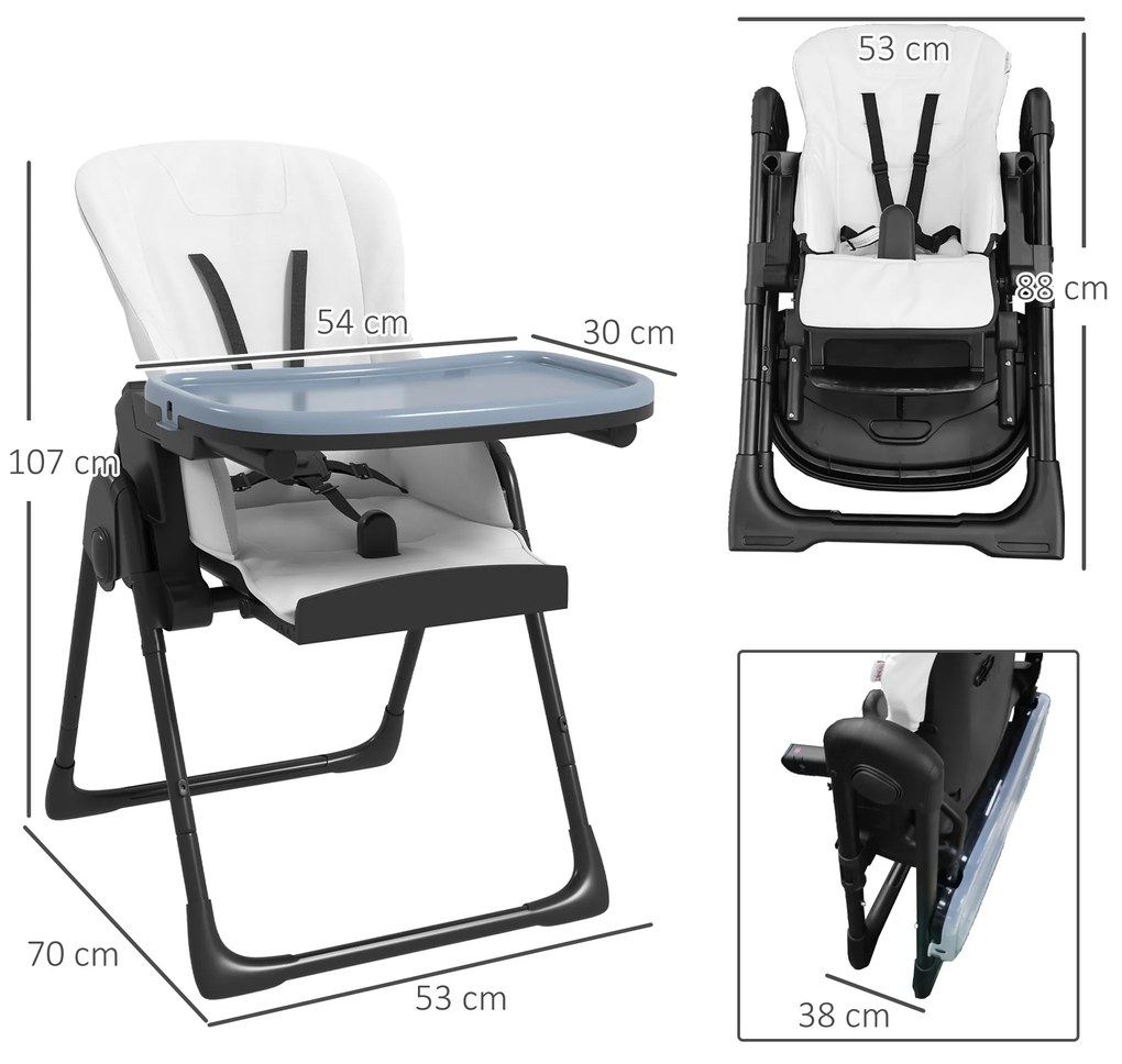 Cadeira de Refeição para Bebé Ajustável e Dobrável com Encosto Reclinável e Cinto de Segurança 70x53x107 cm Preto e Branco