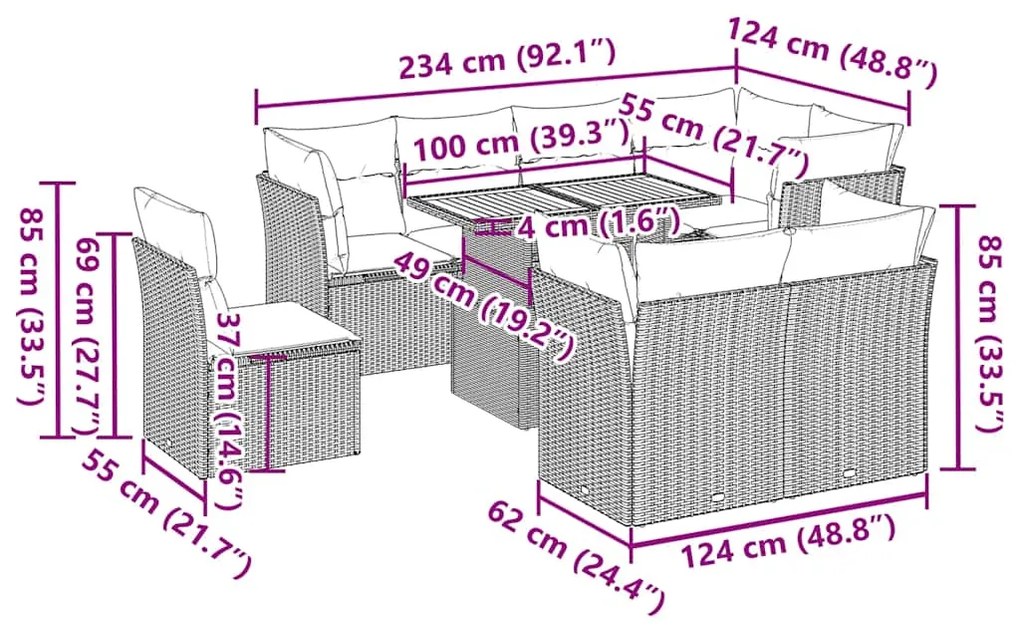 9 pcs conjunto sofás p/ jardim com almofadões vime PE cinzento