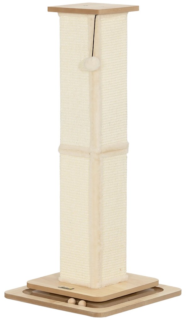 PawHut Poste Arranhador para Gatos 87 cm Arranhador para Gatos com Bola Suspensa Trilho com Bola e Poste de Sisal Bege e Madeira