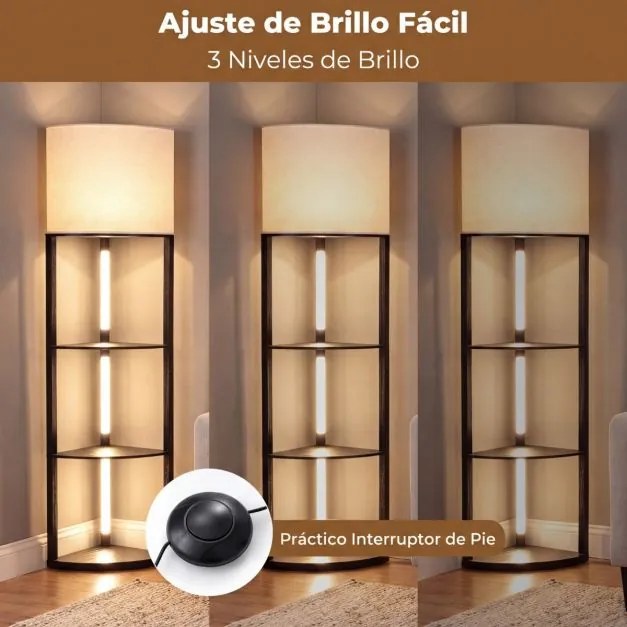 Candeeiro de pé moderno com prateleiras de 3 níveis Luzes LED reguláveis Abajur de linho Interruptor de pé para sala de estar ou quarto Preto