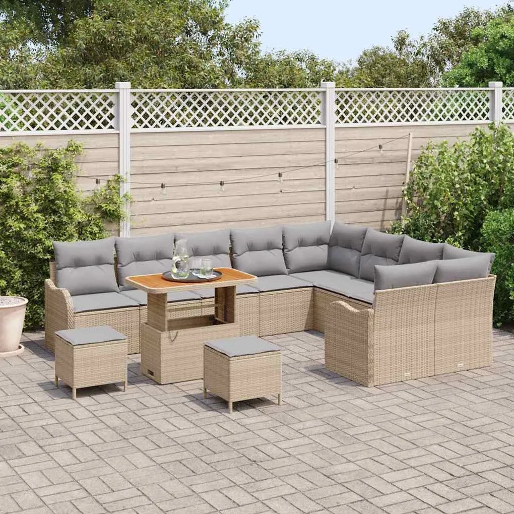 Conjunto de Sofá Jardim 12 Peças com Almofadas Bege Rattan Poly Acácia