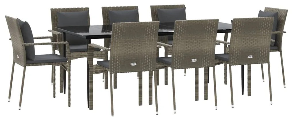 9 pcs conjunto jantar jardim c/ almofadões vime PE preto/cinza