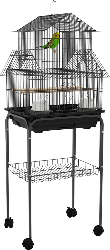 Gaiola para pássaros 50,5 x 41 x 121 cm com comedouros, poleiros, 3 portas, tabuleiro removível para excrementos + pega de transporte, preta