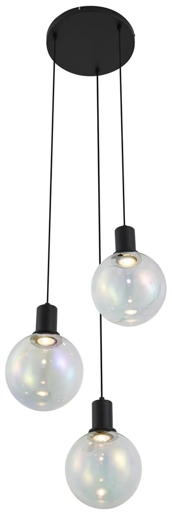 Candeeiro suspenso de design preto com vidro arco-íris redondo 3 luzes - Mallon