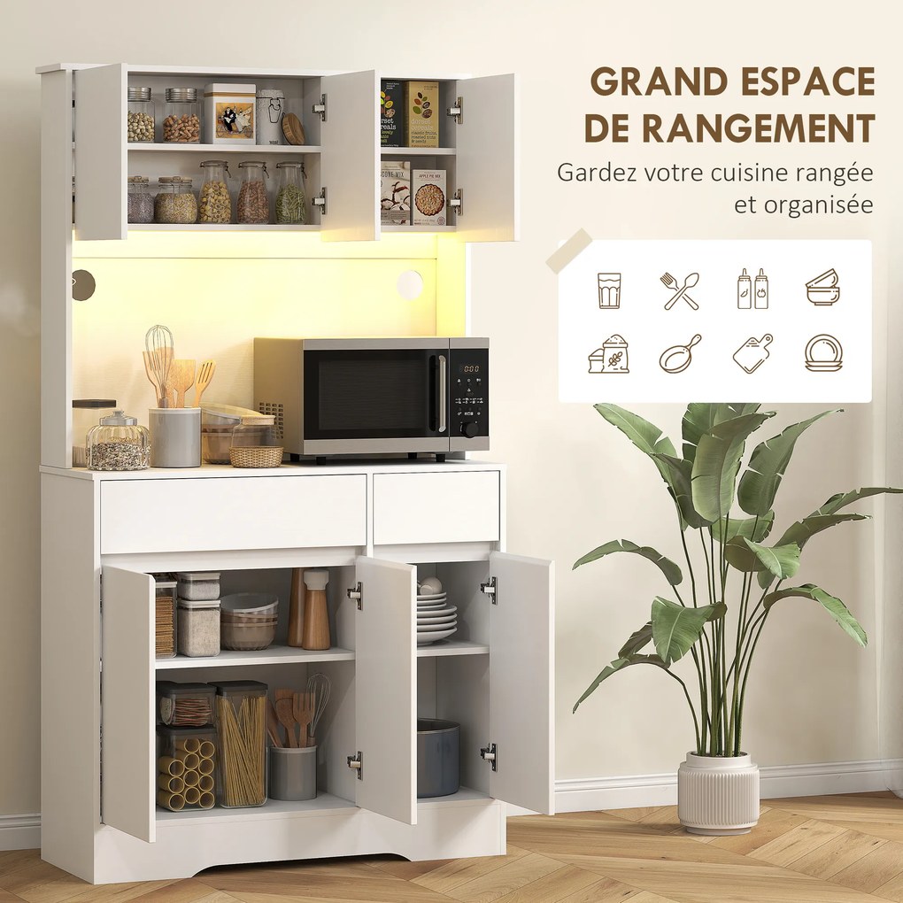 Armário de cozinha 100 x 38 x 180 cm com iluminação LED RGB, bancada, 6 portas, 2 gavetas, branco