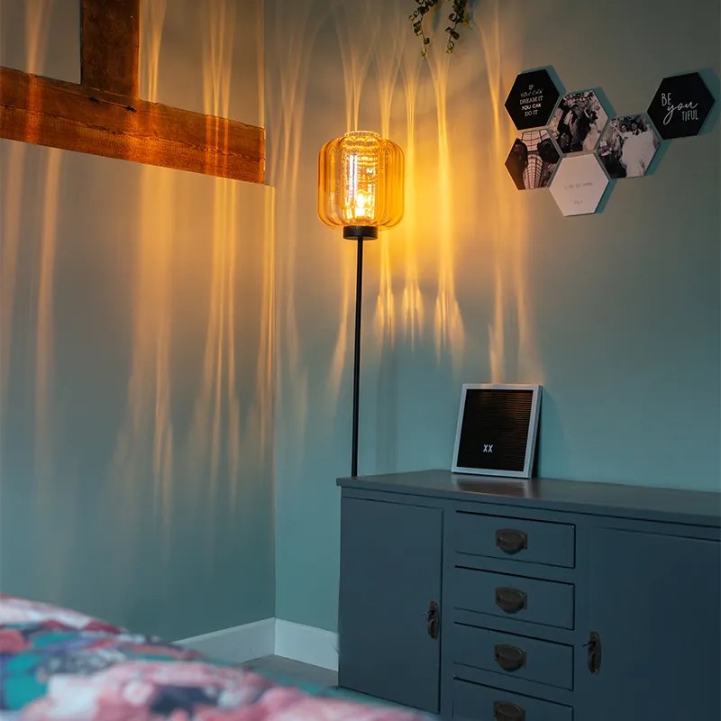 Candeeiro de pé design preto com vidro âmbar - Qara