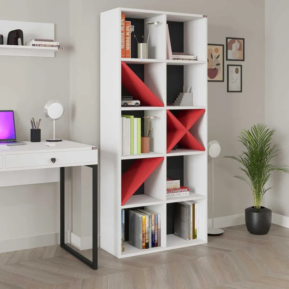 Estante "Stella Rosso" - Branco e Vermelho - 75x188x30cm - Design Mode