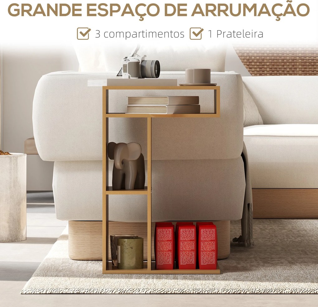 Mesa Auxiliar em Forma de C Mesa Auxiliar para Sofá com Rodas Comparti