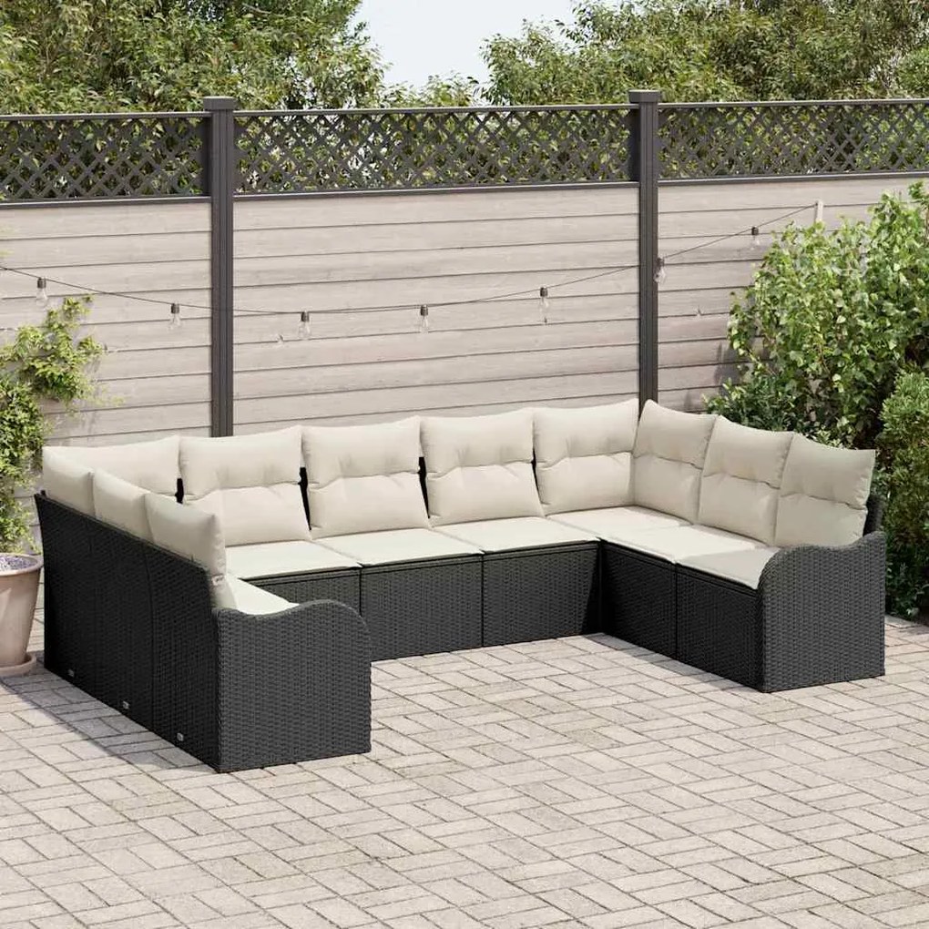Conjunto de Sofá de Jardim com 9 peças e Almofadas Preto Rattan Poly
