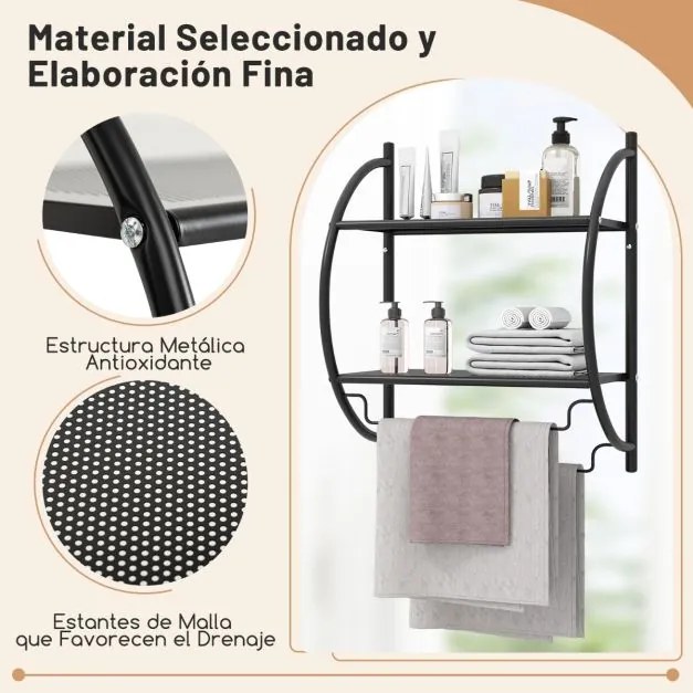 Toalheiro de parede 45 x 26 x 55 cm (C x L x A) com barra e 2 prateleiras para Casa de Banho Preto