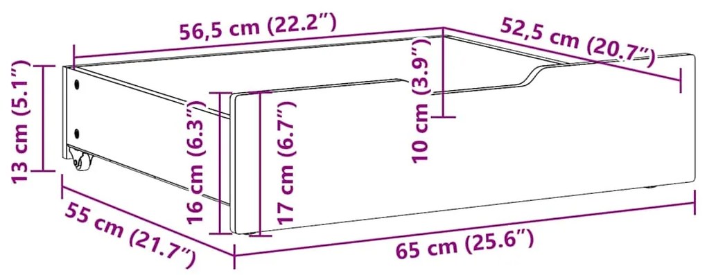 Gavetas para cama com rodas 2 pcs 65x55x17 cm pinho maciço