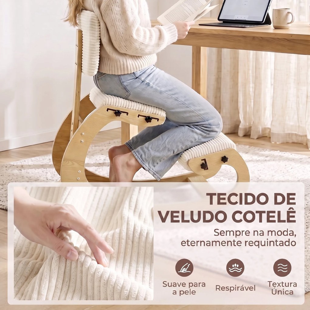 Cadeira de Joelhos Ergonómica com Encosto, Apoio para Joelhos e Bombazina Creme