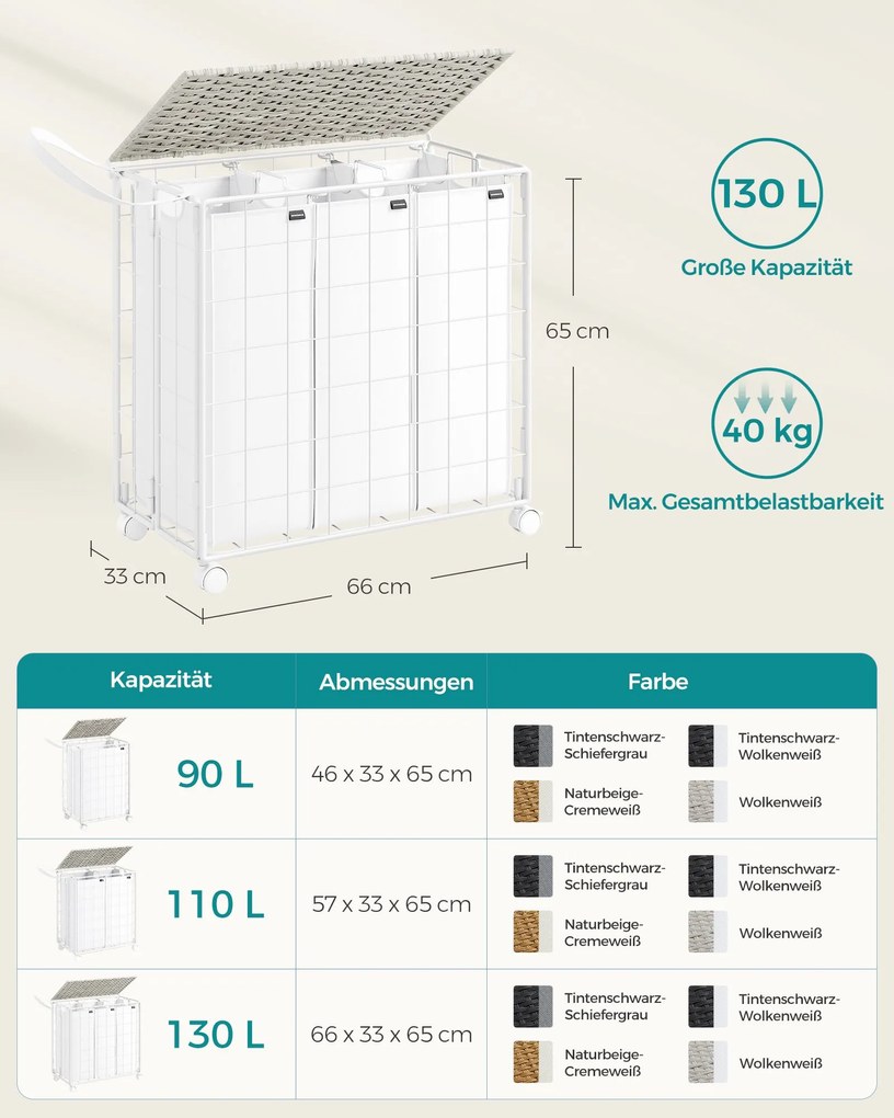 Cesto de roupa suja 130 litros e 3 compartimentos com Rodas 66 x 33 x 65 cm branco