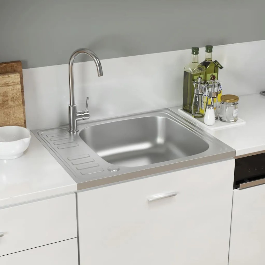 147230 vidaXL Lava-louça cozinha + escorredor 500x600x155mm aço inox prateado
