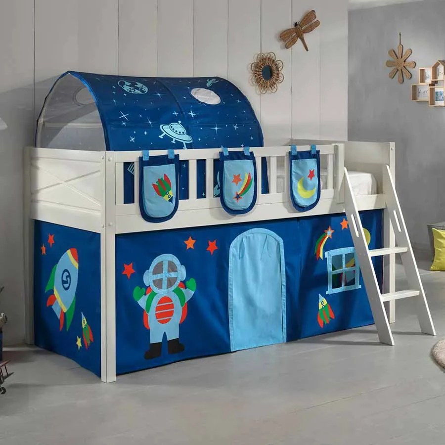 Conjunto cama alta Infantil SCOTT + cortina de brincar ASTRO + Túnel + 3 bolsos de arrumação Branca