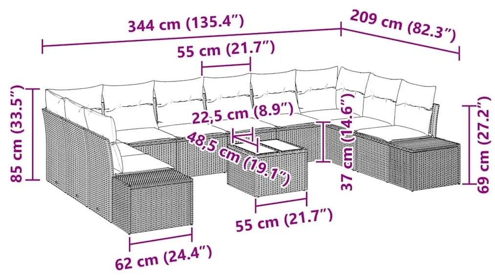 Conjunto de Sofá de Jardim com 10 Peças e Almofadas em Vime PE Cinza