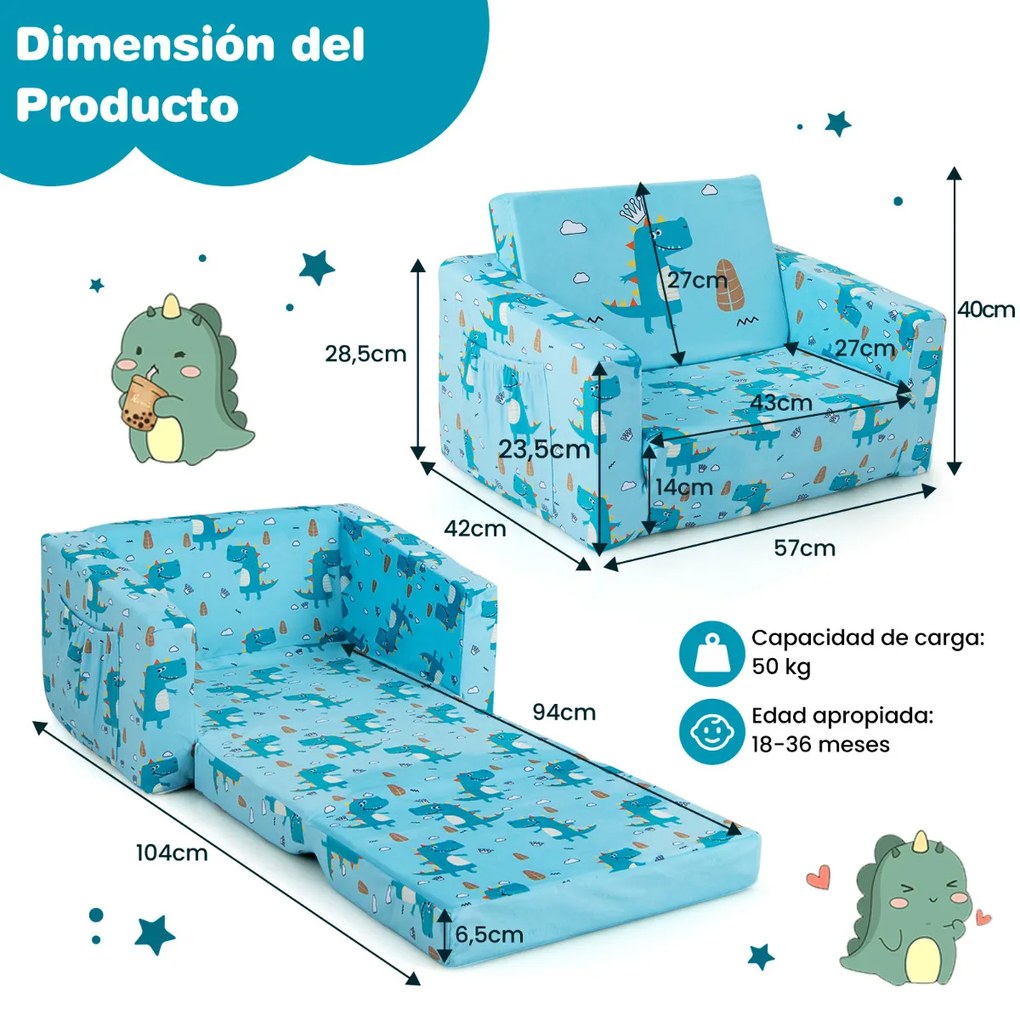 Sofá infantil conversível 2 em 1, poltrona infantil em tecido maciço de veludo, poltrona dupla reclinável para quarto e sala de jogos