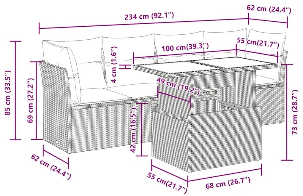 5 pcs conjunto sofás de jardim c/ almofadões acácia e vime PE