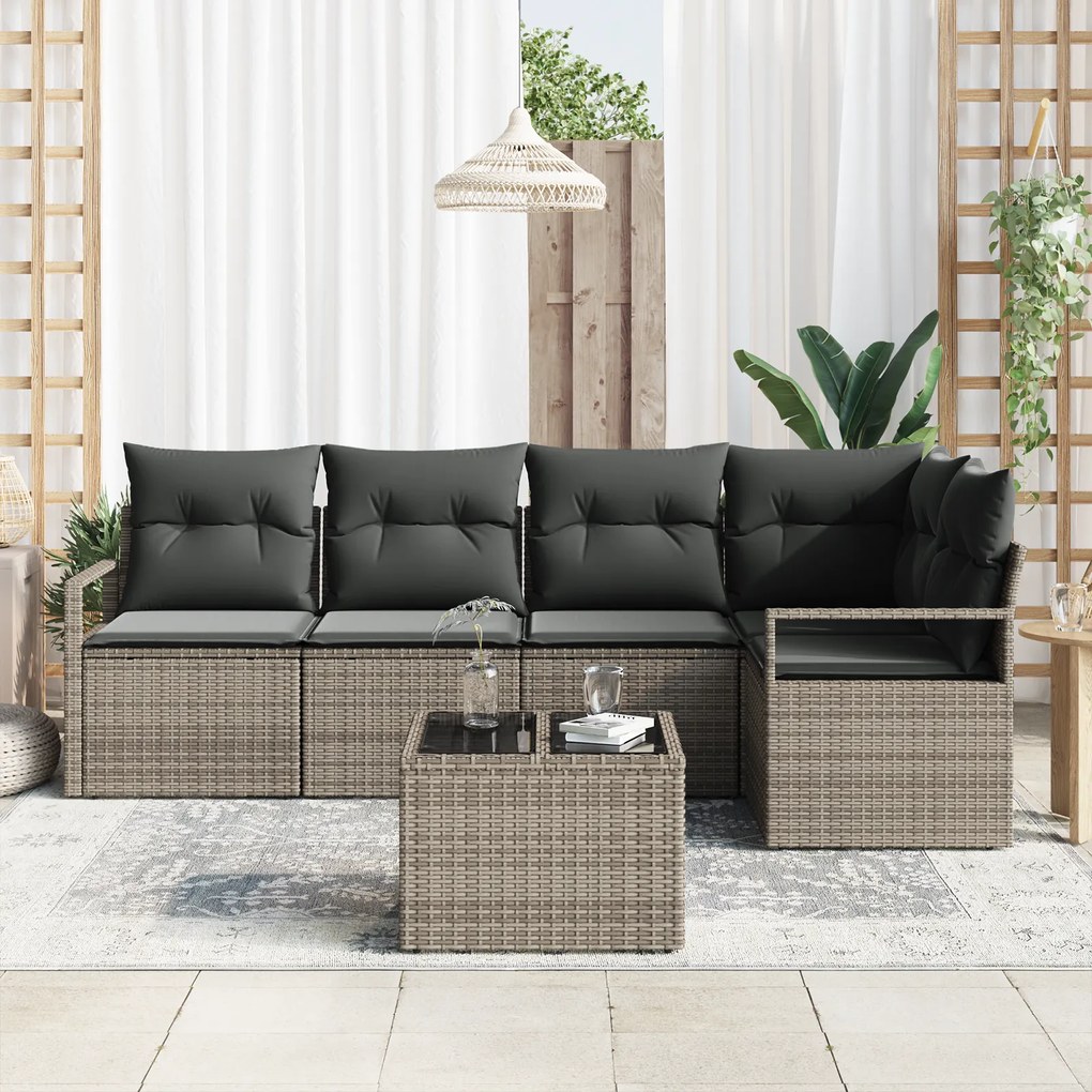 Conjunto de Sofá de Jardim de 5 Peças com Almofadas Preto Rattan Poly,