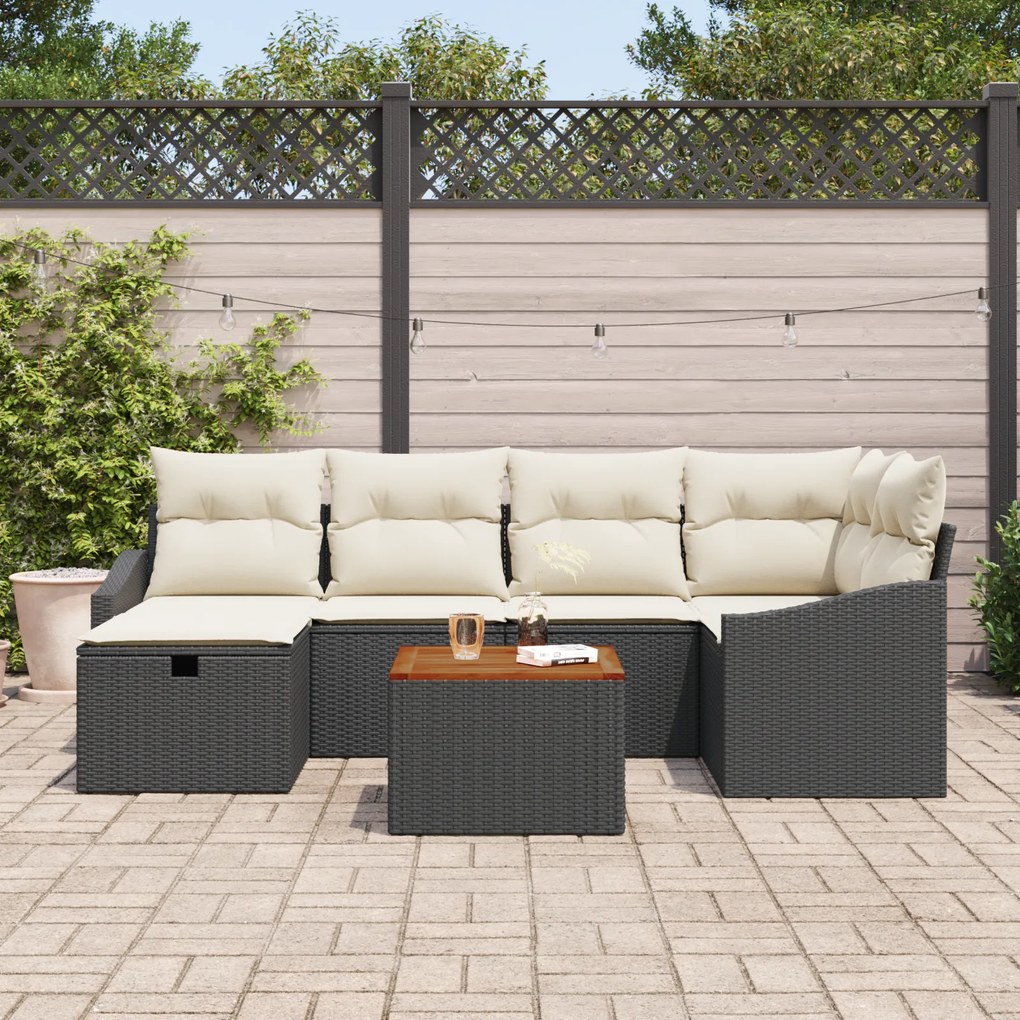 Conjunto de Sofá de 7 Peças para Jardim com Almofadas Preto Poliratan