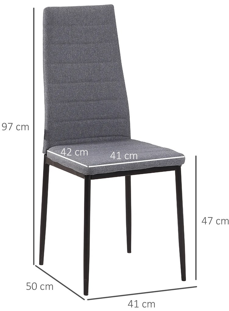 Conjunto de 4 Cadeiras de Sala de Jantar Estofadas em Linho e Pés de Metal para Cozinha Carga Máxima 120kg 41x50x97cm Cinza