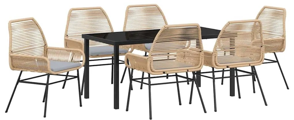 Conjunto de jantar de jardim com 7 peças e almofadas marrons de rattan