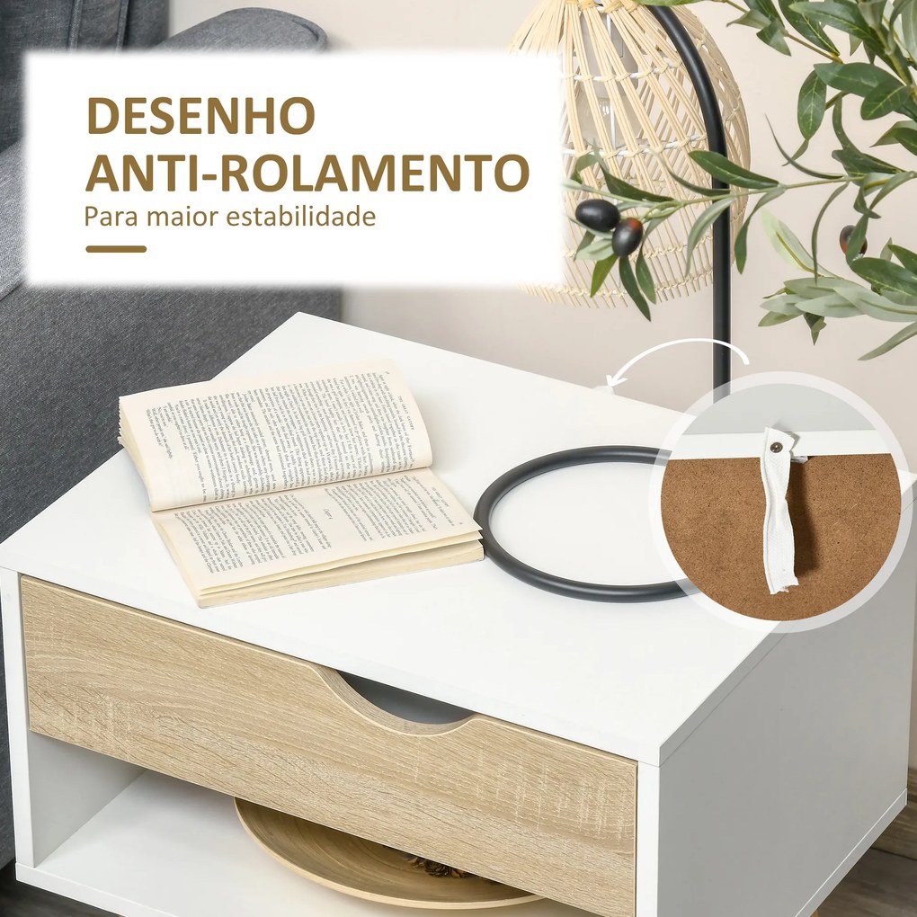 HOMCOM Conjunto de 2 Mesas de Cabeceira Mesa Auxiliar com 1 Gaveta e Prateleira de Armazenamento para Dormitório Sala de Estar Escritório Estilo Moderno 50x39x51cm Branco e Carvalho