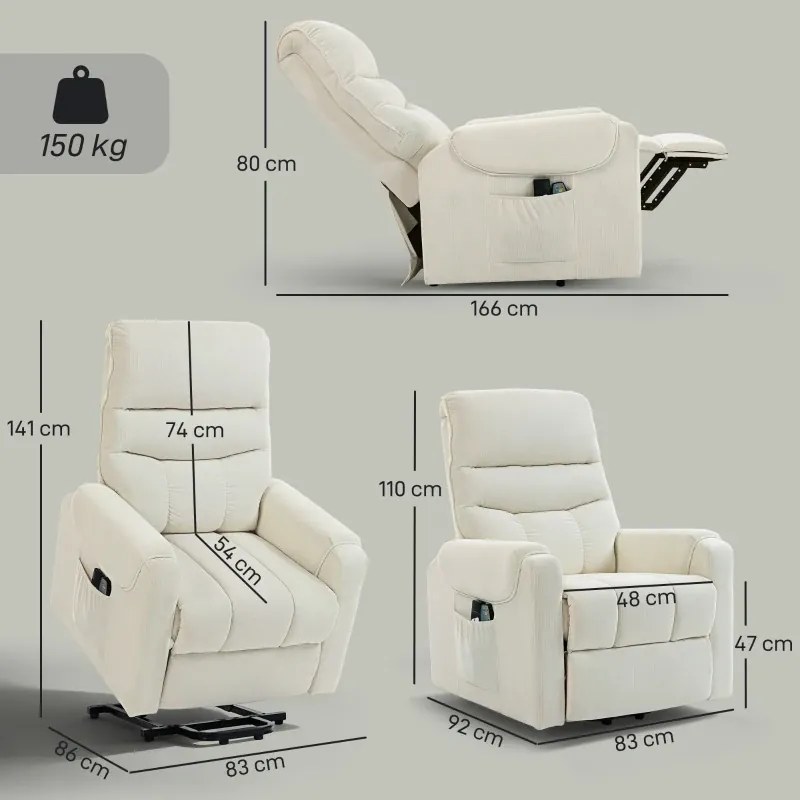 Poltrona Levanta Pessoas com Reclinação Elétrica em até 135° e com 8 Zonas de Massagem 83x92x110 cm Bege