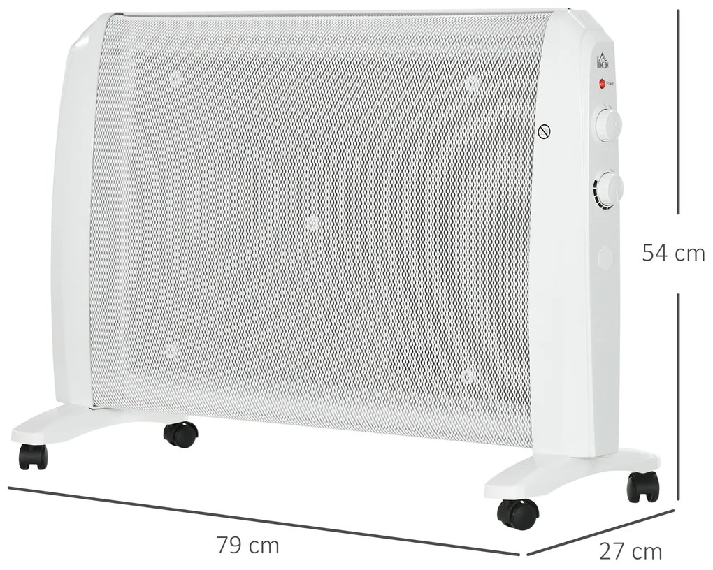 HOMCOM Aquecedor Elétrico 1000W/2000W Aquecedor de Mica com 2 Níveis de Potência Termostato Regulável e 4 Rodas para Ambientes de 15-20 m² Silencioso 79x27x54 cm Branco