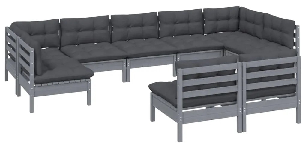 9 pcs conjunto lounge de jardim + almofadões pinho maciço cinza
