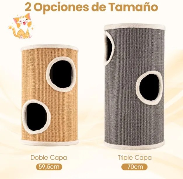 Arranhador para gatos 36 x 59,5 cm em forma de barril com plataforma superior espaçosa, de 2 níveis em sisal natural Caqui