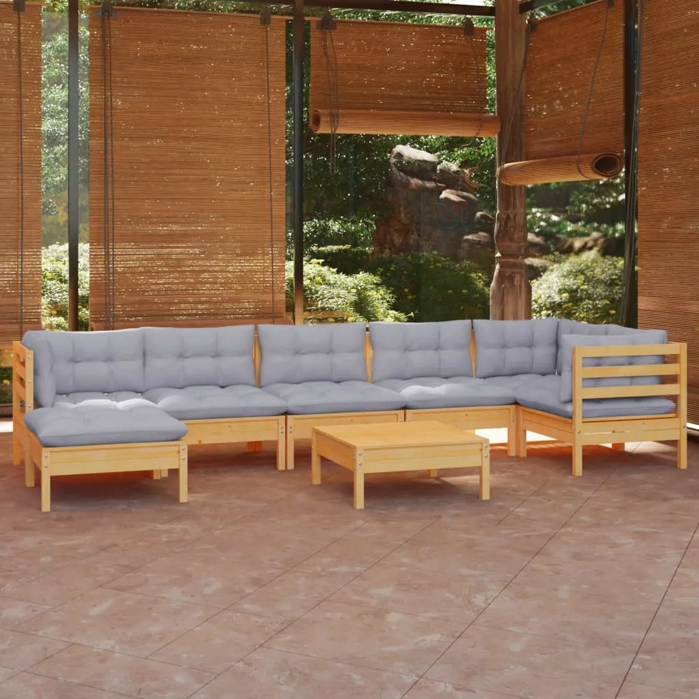vidaXL 8 pcs conjunto lounge de jardim + almofadões cinza pinho maciço