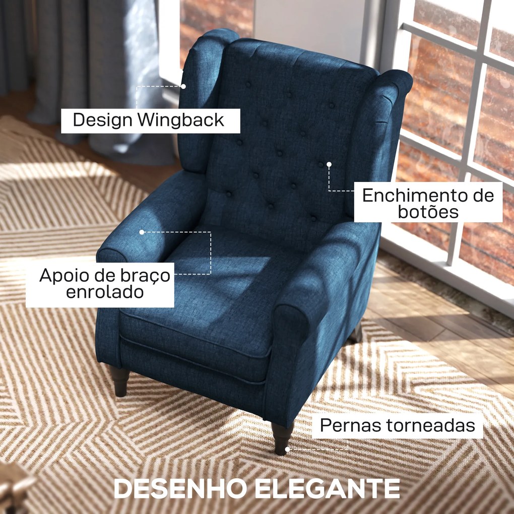 Poltrona de Sala de Estar Poltrona Moderna para Dormitório com Pés de Madeira Poltrona Individual 74x86x102 cm Azul