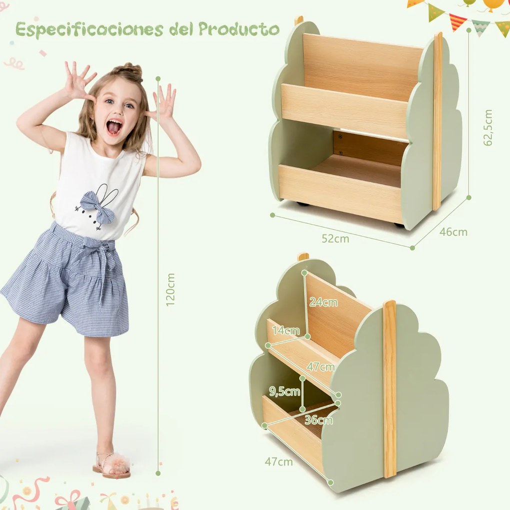 Estante de madeira infantil com rodas 2 Prateleiras para brinquedos Organizador de livros multifuncional 52 x 46 x 62,5 cm Verde