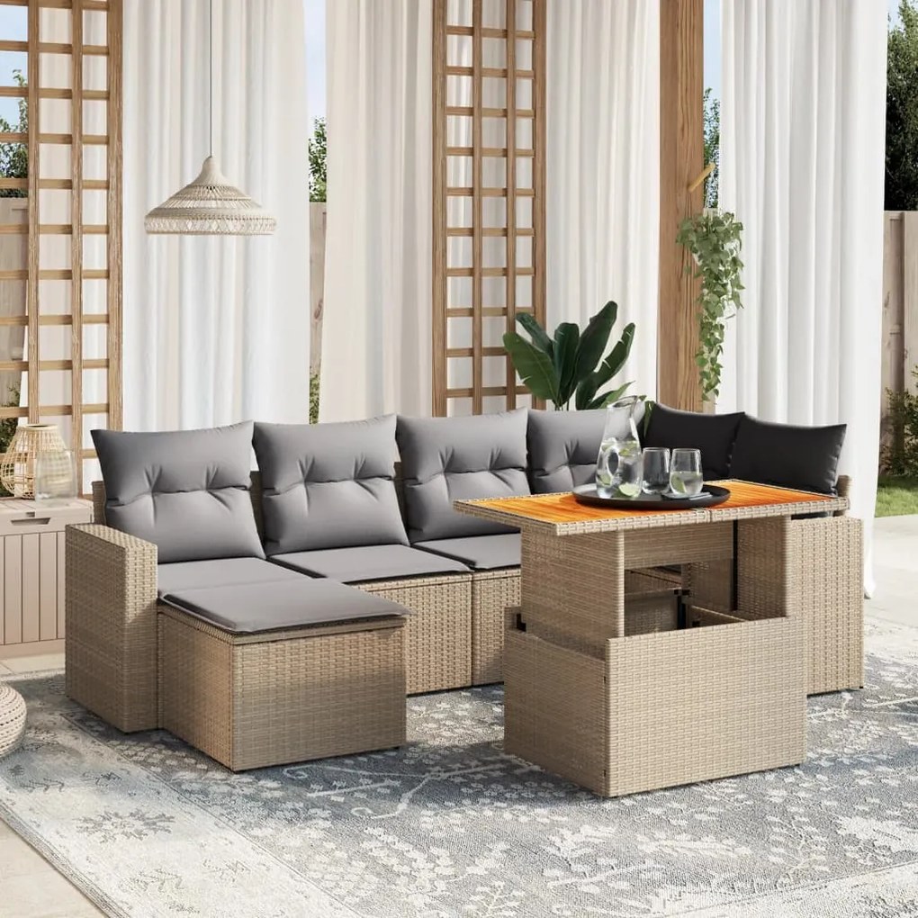 7 pcs conjunto de sofás p/ jardim com almofadões vime PE bege