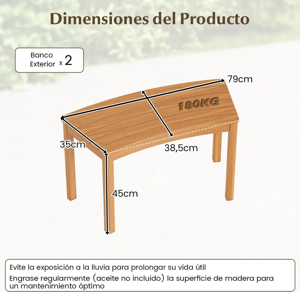 Conjunto de 2 bancos jardim curvos de madeira de acácia para exterior, sem encosto, com capacidade para 180 kg e 2 lugares, para pátio, jardim, alpend