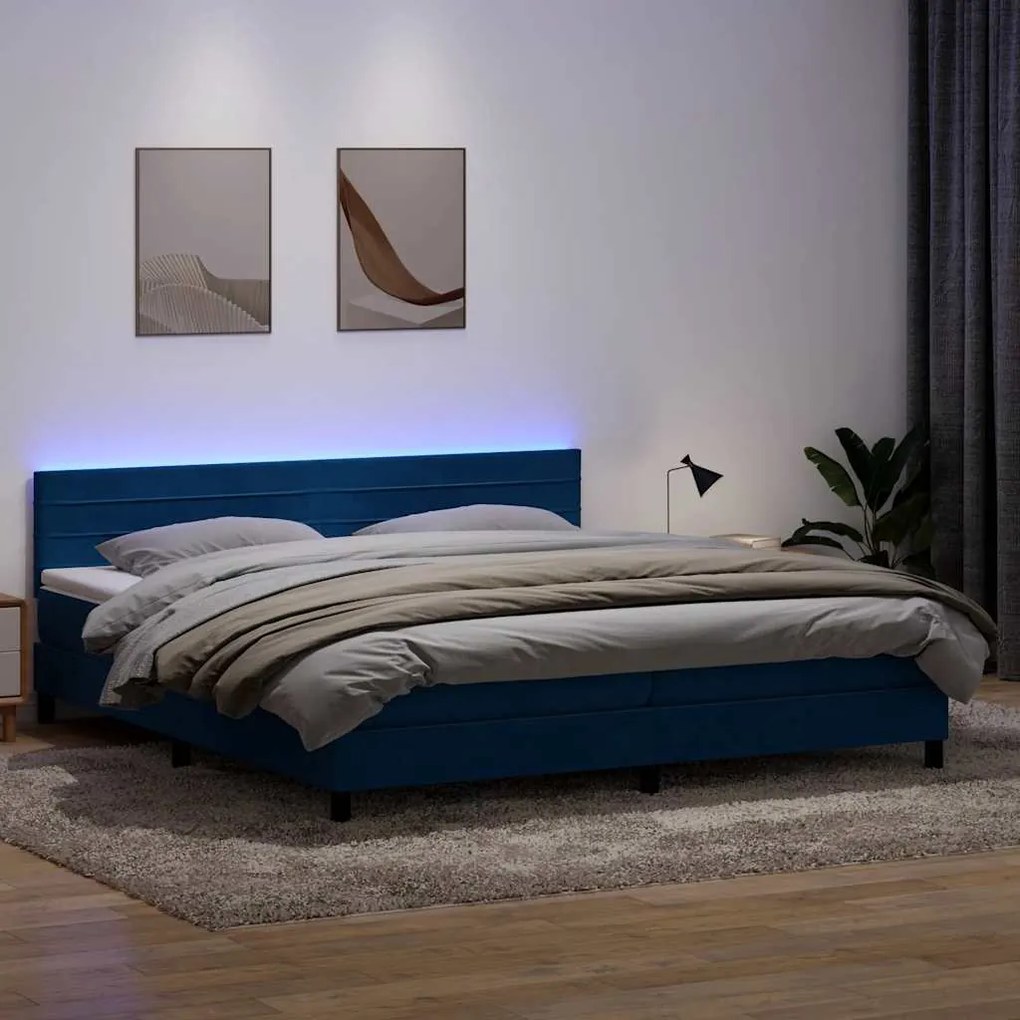 vidaXL Cama box spring c/ colchão e LED 200x210 cm veludo azul-escuro