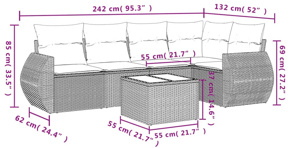 6 pcs conjunto de sofás p/ jardim com almofadões vime PE bege